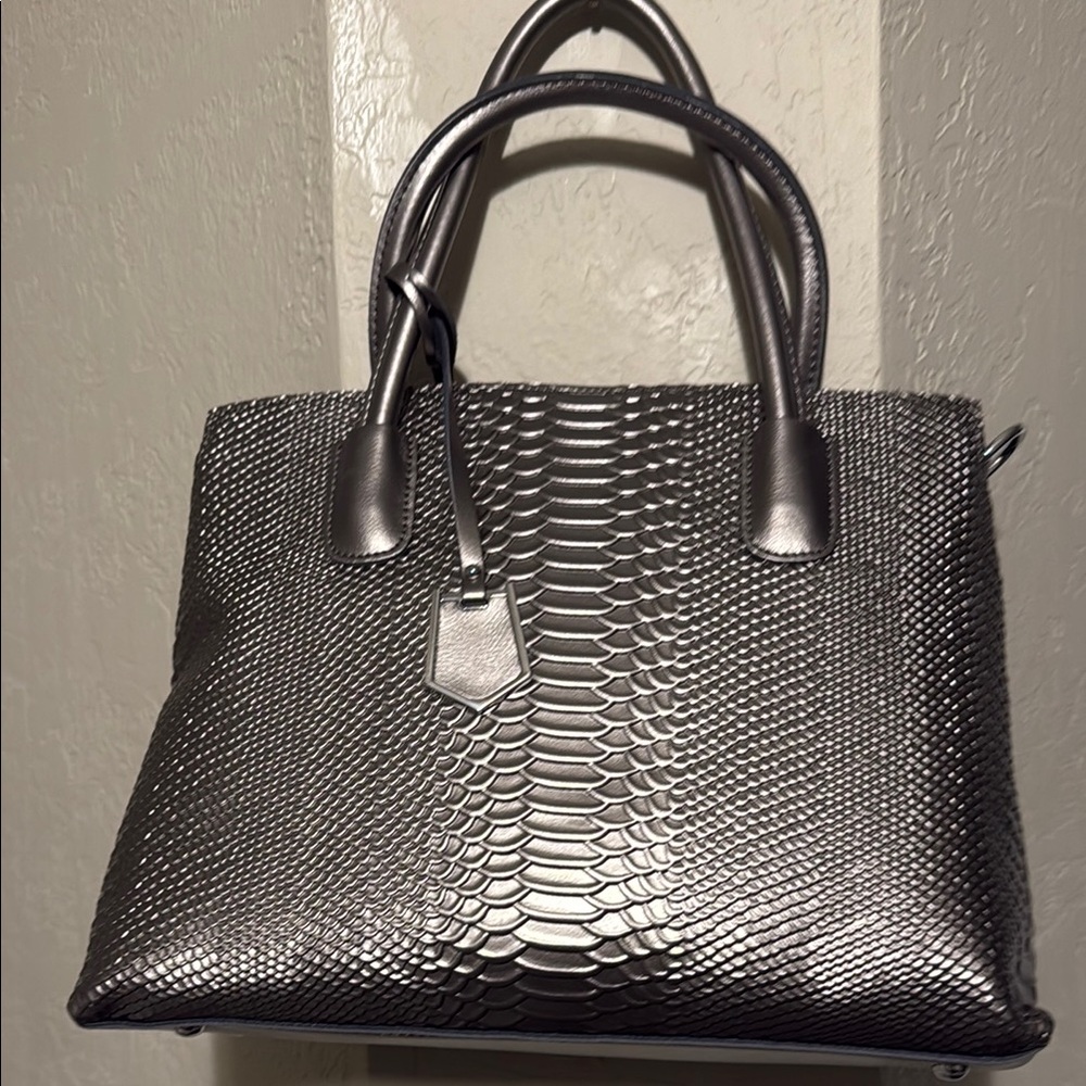 Silver Structured Satchel with Textured Design